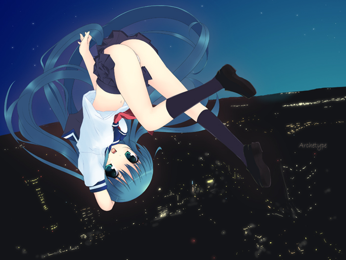 1girl :d arm_up ass bangs black_legwear black_shoes black_skirt blouse blue_eyes blue_hair blue_sky building city floating from_above full_body kanna_ryouto loafers long_hair looking_at_viewer midriff miniskirt navel night night_sky open_mouth original panties pantyshot red_ribbon ribbon school_uniform serafuku shoes short_sleeves skirt sky smile solo star_(sky) stomach underwear upside-down upskirt very_long_hair white_blouse white_panties