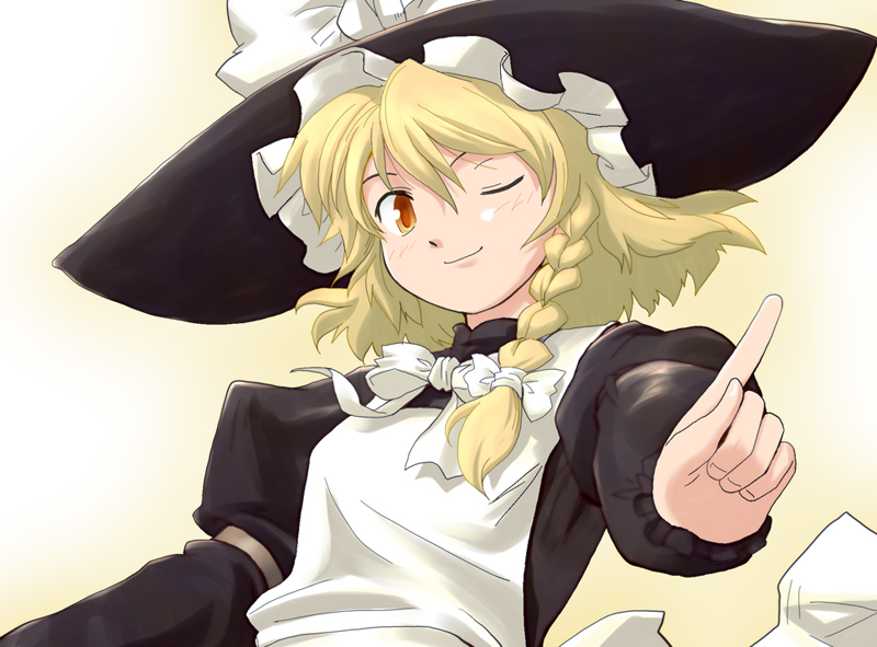 1girl ;) bangs black_hat black_shirt blonde_hair blush bow braid closed_mouth female from_below hair_between_eyes hair_bow haniwa haniwa_(leaf_garden) hat hat_bow kirisame_marisa long_sleeves looking_at_viewer one_eye_closed orange_eyes shirt single_braid smile solo touhou upper_body white_apron white_bow witch_hat yellow_background