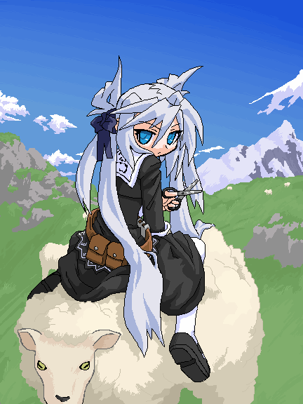 1girl blue_eyes boots bow clouds female grass hair_bow long_hair mof mof's_silver_haired_twintailed_girl mountain oekaki original outdoors riding scissors sheep silver_hair sky solo thigh-highs twintails very_long_hair