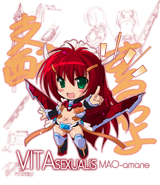 1girl amane_mao angry antenna_hair armor bangs black_legwear blush_stickers boots chibi detached_sleeves flat_chest foreshortening frills green_eyes hair_between_eyes hair_ornament hairclip horns komatsu_eiji long_hair maid_headdress midriff miniskirt monochrome navel official_art outstretched_arms pleated_skirt pointing redhead revealing_clothes sketch skirt solo standing thigh-highs thigh_boots turtleneck very_long_hair vita_sexualis wings