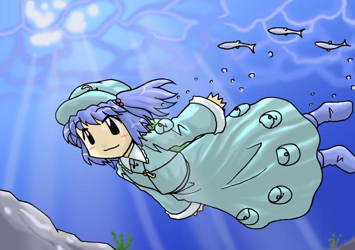 1girl backpack bag black_eyes blue_hair blue_skirt blush boots female fish hair_bobbles hair_ornament hat horten kawashiro_nitori key long_sleeves rubber_boots skirt solo sunlight swimming tagme touhou two_side_up underwater