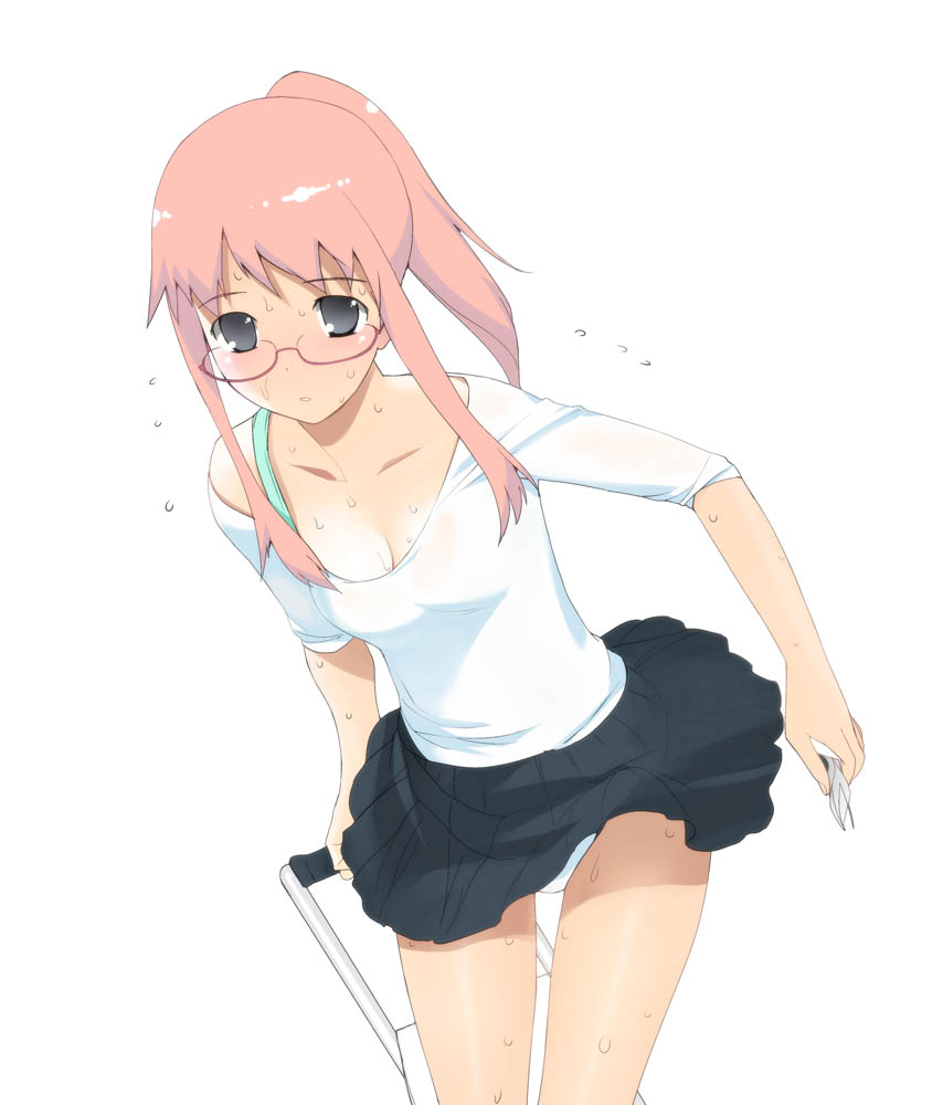 a1 bag dripping glasses green_eyes panties pink_hair ponytail skirt sweat sweating sweating_profusely underwear upskirt