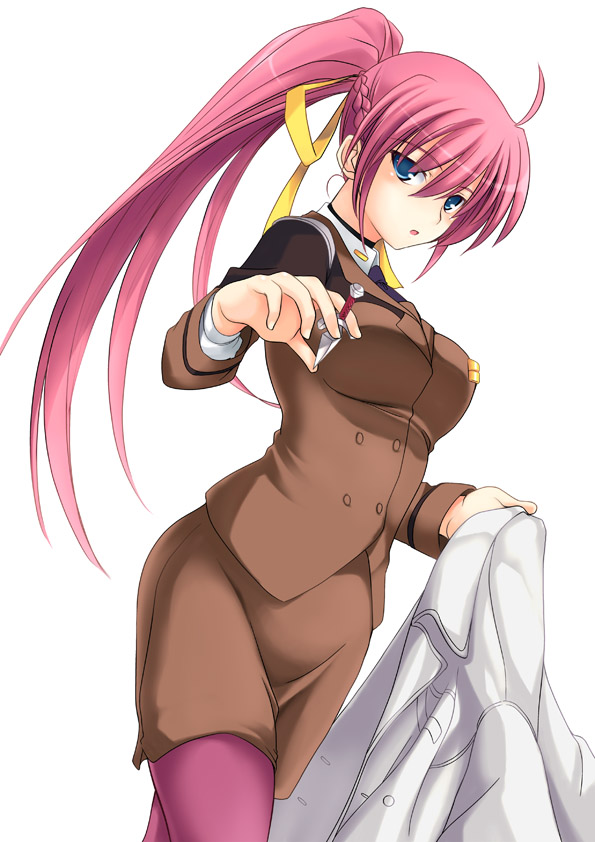 1girl levantine looking_at_viewer lyrical_nanoha mahou_shoujo_lyrical_nanoha mahou_shoujo_lyrical_nanoha_strikers military military_uniform pantyhose pink_hair ponytail signum soba_(saz) solo uniform