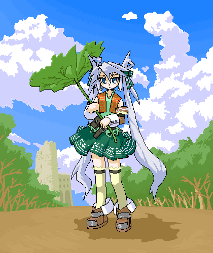 blue_eyes bow forest hair_bow legwear long_hair lowres mof mof's_silver_haired_twintailed_girl nature oekaki original outdoors silver_hair skirt thigh-highs twintails very_long_hair zettai_ryouiki