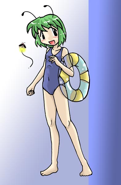 1girl antennae female firefly green_hair horten innertube insect one-piece_swimsuit solo swimsuit touhou wriggle_nightbug