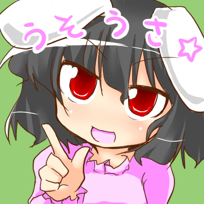 1girl black_hair face female inaba_tewi lowres morino_harifu no_nose open_mouth pointing red_eyes short_hair smile solo touhou translated