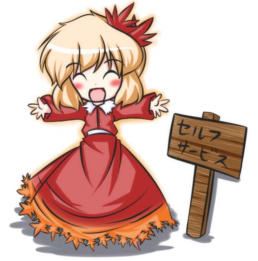1girl aki_shizuha blonde_hair blush closed_eyes dress female hair_ornament leaf leaf_hair_ornament leaf_on_head object_on_head outstretched_arms r_pascal red_dress short_hair sign smile solo touhou