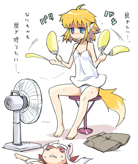 2girls animal_ears apricot apricot_(yamai) barefoot blonde_hair blue_eyes camisole crazy_eyes electric_fan fan fanning fox_ears hot multiple_girls original panties pantyshot rabbit_ears simple_background sweat tail translated underwear usa_(yamai) white_background white_hair white_panties yamai