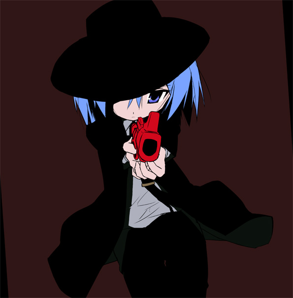 1girl blue_eyes blue_hair fedora formal hat holding iwasaki_minami jacket kuroba_u looking_at_viewer lucky_star necktie open_clothes open_jacket pants red_background shirt simple_background solo suit white_shirt