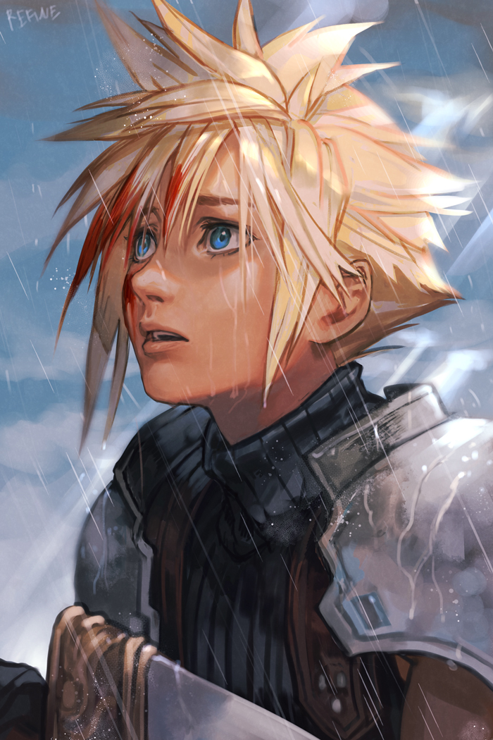 1boy armor blonde_hair blood blood_on_face blue_eyes cloud_strife final_fantasy final_fantasy_vii hankuri lips open_mouth rain short_hair shoulder_armor solo spiky_hair