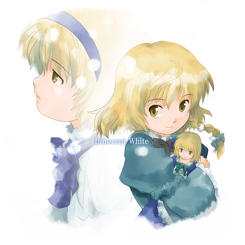 2girls alice_margatroid alternate_costume bangs blonde_hair bow braid closed_mouth doll eyebrows eyebrows_visible_through_hair female frilled_sleeves frills green_bow hair_bow hairband haniwa haniwa_(leaf_garden) hug kirisame_marisa long_sleeves looking_at_viewer multiple_girls no_hat no_pupils parted_lips profile projected_inset short_hair short_over_long_sleeves single_braid smile text touhou white_background yellow_eyes