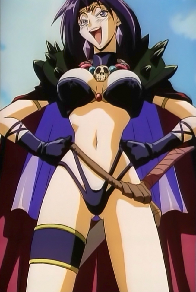 1girl 90s armlet armor belt beltskirt bikini blush breasts cape circlet cleavage clouds earrings erect_nipples gloves hair_intakes hands_on_hips huge_breasts jewelry large_breasts laughing long_hair naga_the_serpent navel necklace outdoors purple_hair screencap sheath skull sky slayers solo stitched swimsuit sword thigh_strap turtleneck violet_eyes weapon
