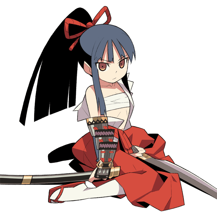 1girl armor atlus bangs bare_shoulders blue_hair brown_hair bushidou_(sekaiju) flat_chest frown hakama himukai_yuuji hip_vent japanese_armor japanese_clothes katana kote long_hair looking_at_viewer midriff off_shoulder open_clothes open_shirt ponytail profile ronin rope samurai sarashi sekaiju_no_meikyuu sheath shirt sidelocks simple_background sitting socks solo sword tabi weapon white_legwear