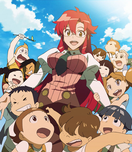 &gt;_&lt; 6+boys 6+girls age_difference alternate_hairstyle black_hair blonde_hair breasts brown_hair child closed_eyes clouds freckles glasses grin hair_down hair_over_eyes large_breasts long_hair maosha missing_tooth multiple_boys multiple_girls nakim necktie no_nose nose_bubble ponytail redhead screencap sky smile teacher tengen_toppa_gurren_lagann twig twintails very_long_hair yellow_eyes yoko_littner yomako