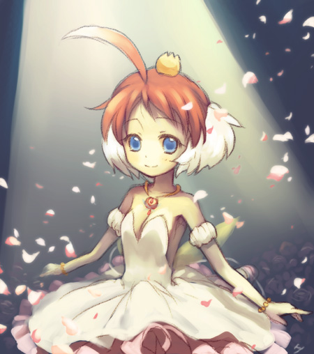 00s 1girl ahiru ahoge armpits ballerina ballet bare_shoulders blue_eyes breasts cleavage crown elbow_gloves gloves hat jewelry matsuzawa_hajime multicolored_hair necklace orange_hair pendant petals princess_tutu princess_tutu_(character) short_hair small_breasts smile solo two-tone_hair