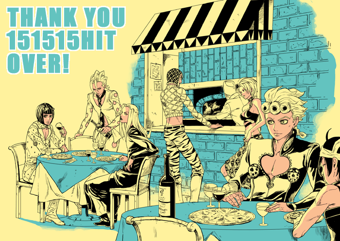 1girl 6+boys alcohol belt bob_cut bottle braid brick_wall bruno_buccellati bruno_bucciarati cafe chair chef cleavage_cutout cooking cup drinking drinking_glass eating fashion food formal fugo_pannacotta giorno_giovanna guido_mista hat hits jojo_no_kimyou_na_bouken ladybug legs_crossed leone_abbacchio leone_abbachio long_hair long_skirt long_sleeves mahito_(tranjistor) midriff multiple_boys multiple_monochrome narancia_ghirga necktie outdoors oven pannacotta_fugo pants pizza restaurant short_hair side_cutout sitting skirt suit table tranjistor trench_coat trish_una turtleneck vento_aureo wine wine_glass zipper