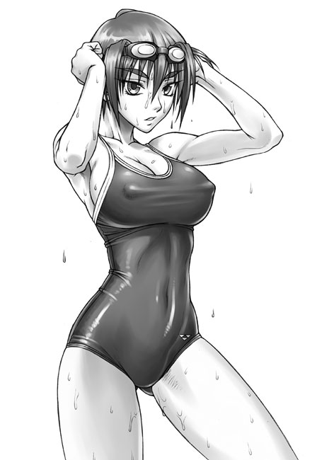 1girl bang-you breasts erect_nipples goggles kashiwagi_azusa kizuato large_breasts monochrome one-piece_swimsuit solo swimsuit wet