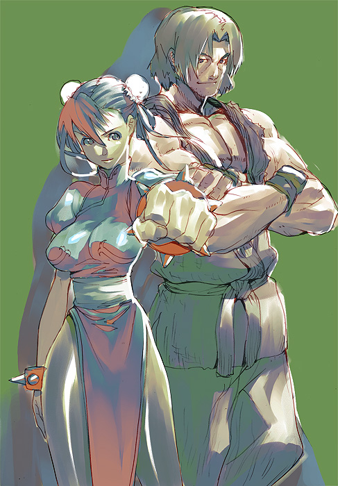 1boy 1girl a'j aiming_at_viewer arm_at_side bangs black_hair blonde_hair bracelet breasts brown_hair bun_cover capcom china_dress chinese_clothes chun-li clenched_hand closed_mouth double_bun dougi dress earrings facial_hair fingerless_gloves frills gloves green_background hair_ribbon jewelry ken_masters large_breasts looking_at_viewer muscle outstretched_arm pants pantyhose parted_bangs pelvic_curtain puffy_short_sleeves puffy_sleeves ribbon sash short_sleeves side_slit simple_background smile spiked_bracelet spikes standing street_fighter