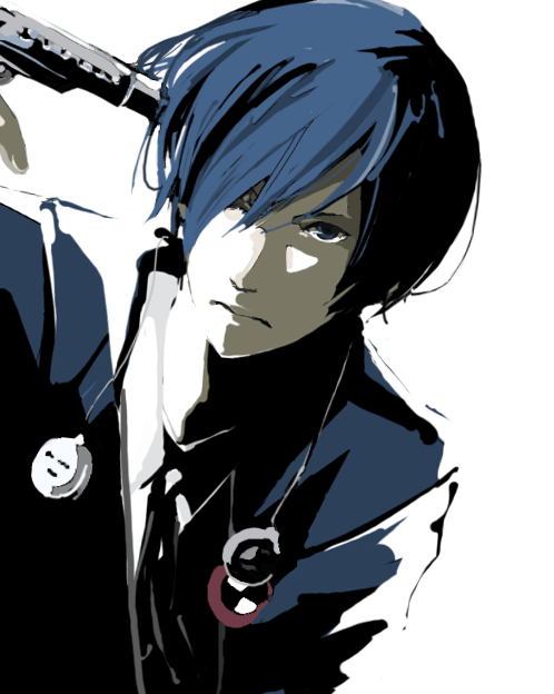 1boy arisato_minato atlus blue_eyes blue_hair evoker gun gun_to_head headphones holding holding_gun holding_weapon male_focus persona persona_3 school_uniform serafuku simple_background solo weapon yuuki_makoto