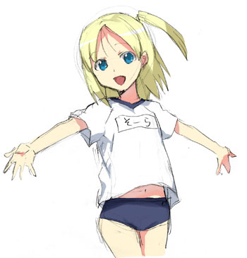 1girl :d blonde_hair blue_eyes buruma doujin_work flat_chest gym_uniform kitano_sora lowres midriff navel open_mouth outstretched_arms ponytail short_hair side_ponytail simple_background sketch smile solo spread_arms standing takenashi_eri