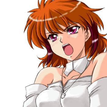 1girl :o angry banpresto bare_shoulders detached_collar detached_sleeves ibis_douglas jewelry looking_away lowres necklace open_mouth redhead short_hair simple_background solo super_robot_wars upper_body violet_eyes