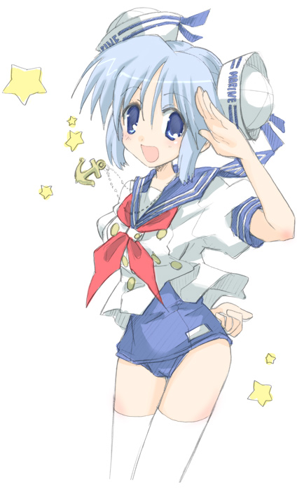 1girl blue_eyes blue_hair dixie_cup_hat hat hizuki_yayoi military_hat no_pants one-piece_swimsuit original sailor sailor_hat salute school_swimsuit school_uniform serafuku solo swimsuit swimsuit_under_clothes thigh-highs