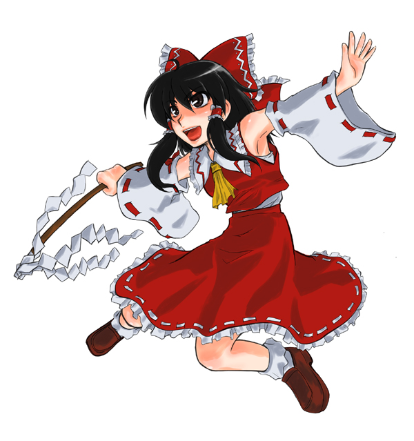 1girl ascot black_eyes black_hair bobby_socks bow brown_shoes detached_sleeves female full_body gohei hair_bow hair_tubes hakurei_reimu open_mouth outstretched_arms red_bow red_skirt shide shoes simple_background skirt skirt_set smile socks solo touhou vest white_background white_legwear yoichi