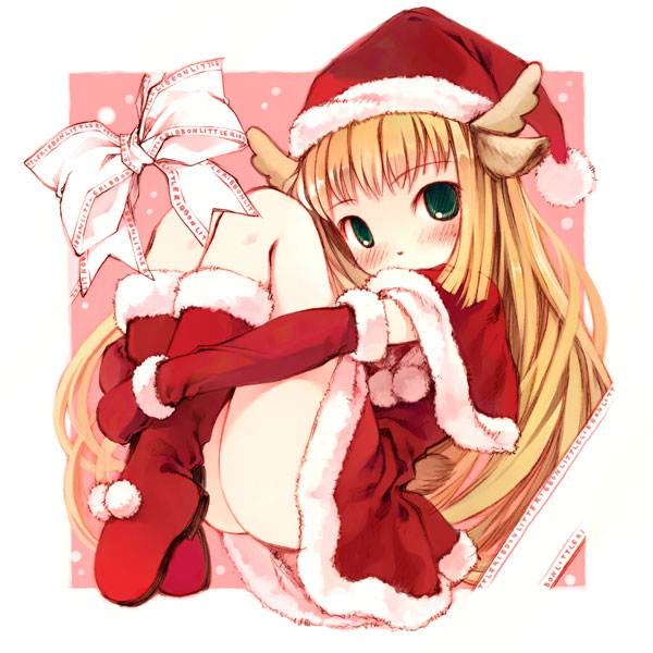 1girl animal_ears antlers blonde_hair blush boots capelet christmas elbow_gloves gloves green_eyes hat horns leg_hug long_hair looking_at_viewer original red_gloves santa_boots santa_costume santa_hat solo tail very_long_hair yoshinari_atsushi