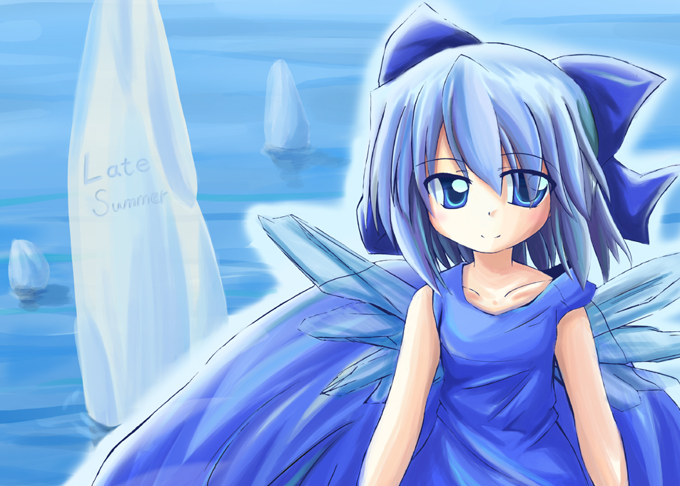 1girl alternate_costume blue_dress blue_eyes blue_hair bow cirno collarbone dress english female hair_bow ice ice_wings looking_at_viewer makino_(ukiuo) short_hair sleeveless sleeveless_dress solo touhou water wings