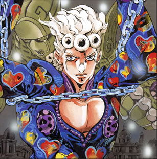 1boy araki_hirohiko chains city cleavage_cutout giorno_giovanna gold_experience jojo_no_kimyou_na_bouken lowres male_focus muscle official_art solo stand_(jojo) vento_aureo white_hair