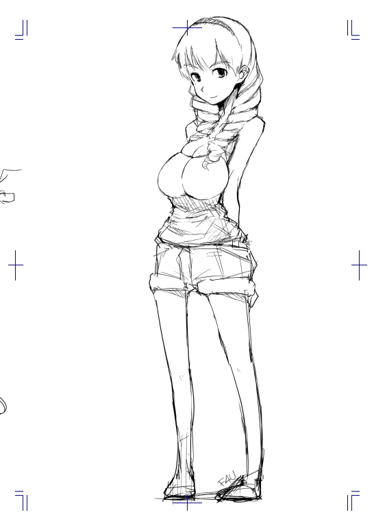 1girl arms_behind_back artist_name breasts drill_hair f4u f4u_(naitou2) full_body huge_breasts light_smile long_hair looking_at_viewer monochrome original shorts simple_background sketch solo standing twin_drills white_background