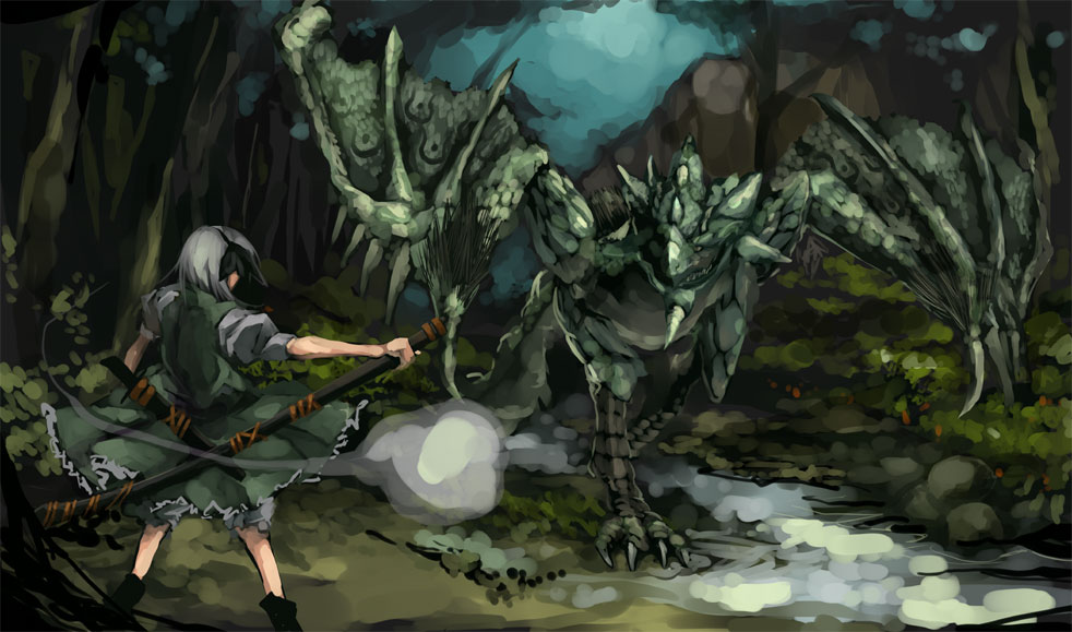 1girl capcom crossover female grey_hair hitodama katana konpaku_youmu konpaku_youmu_(ghost) monster_hunter nature rathian shimadoriru sword touhou weapon wings