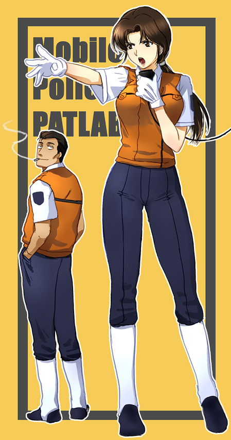 1boy 1girl brown_eyes brown_hair cigarette copyright_name gloves goto_kiichi gotou_kiichi hands kidou_keisatsu_patlabor long_hair mizuhara_aki nagumo_shinobu open_mouth outstretched_arm outstretched_hand police police_uniform ponytail reaching smoking uniform vest