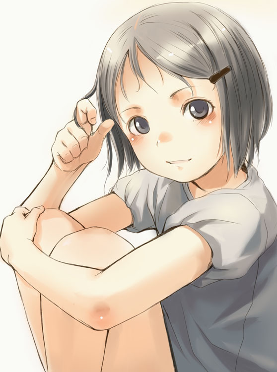 1girl bangs blush grey_eyes grey_hair grey_shirt hair_ornament hair_twirling hairclip legs_folded looking_at_viewer original puffy_short_sleeves puffy_sleeves shirt short_hair short_sleeves sitting smile sody solo swept_bangs tagme white_background