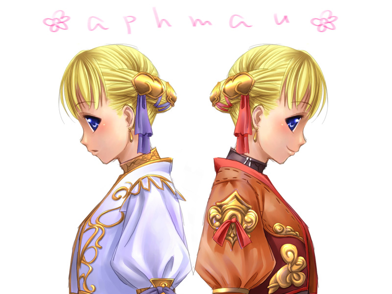 2girls aphmau back-to-back bangs blonde_hair blue_eyes closed_mouth earrings eyebrows eyebrows_visible_through_hair final_fantasy final_fantasy_xi from_side hair_ornament hair_ribbon hume jewelry long_hair looking_at_viewer multiple_girls multiple_views parted_lips profile puffy_sleeves purple_ribbon red_ribbon ribbon simple_background smile tori tori_(torinchi) upper_body white_background