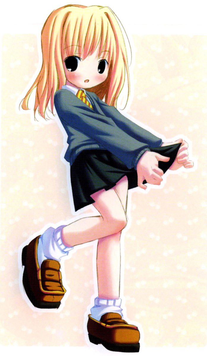 1girl black_skirt blonde_hair blue_eyes blush brown_shoes harry_potter hermione_granger highres loafers long_sleeves looking_at_viewer outstretched_arms pleated_skirt pop shoes short_hair simple_background skirt socks solo white_background white_legwear