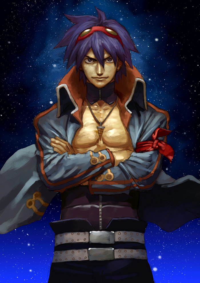 1boy belt blue_hair core_drill crossed_arms denchi drill goggles goggles_on_head jacket male_focus manly muscle neck_brace older open_clothes open_shirt realistic shirt simon solo space tengen_toppa_gurren_lagann trench_coat