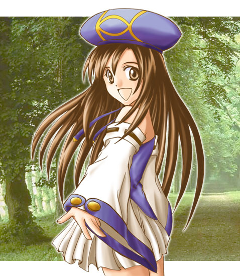 1girl :d atelier_(series) atelier_iris atelier_iris_eternal_mana bare_shoulders beret brown_hair cowboy_shot detached_sleeves dress female gust hat letterboxed lita_blanchimont long_sleeves open_mouth outdoors outstretched_arm plant smile solo thighs tree white_dress wide_sleeves