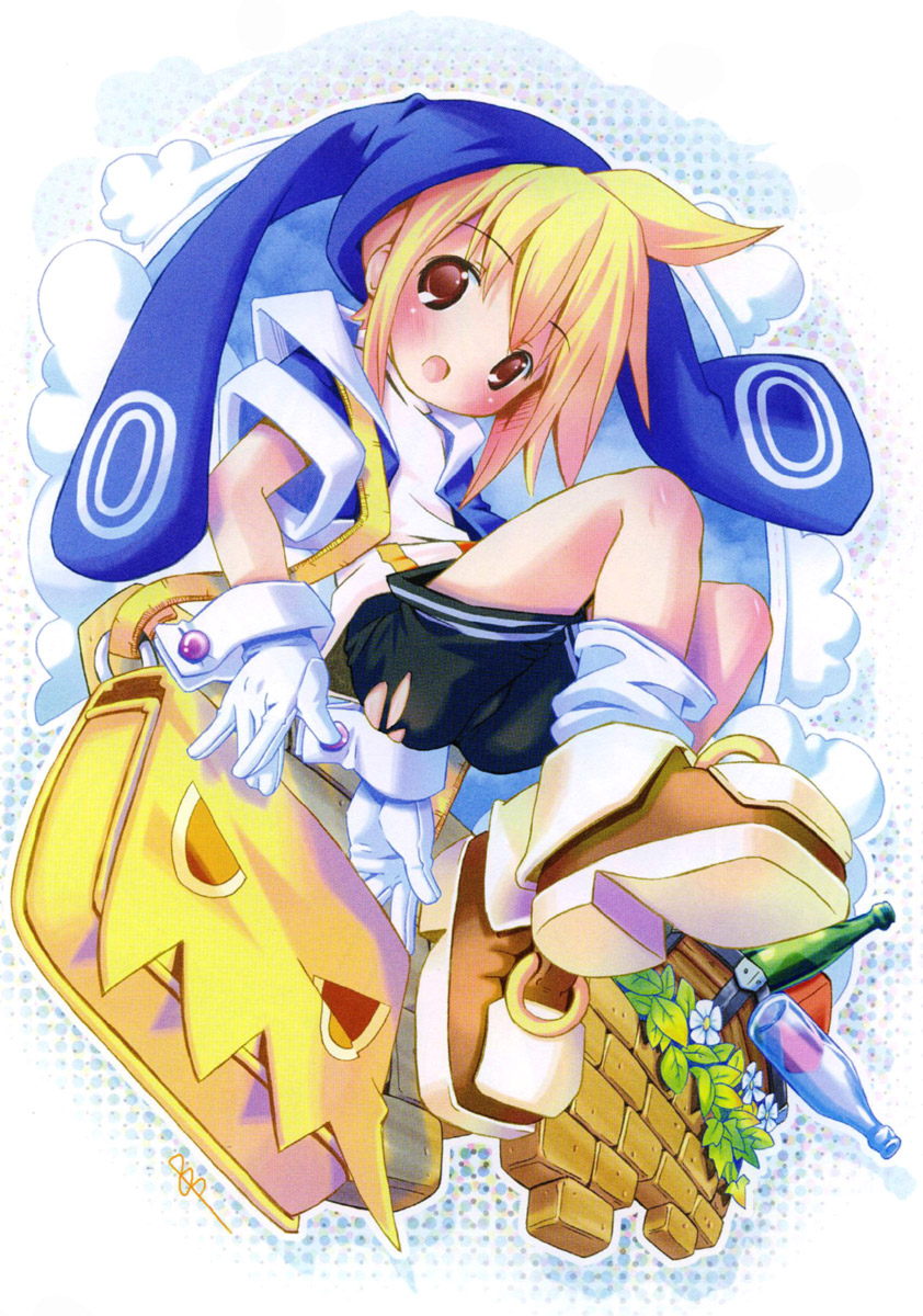 1girl back blonde_hair blush bottle child epona_(tears_to_tiara) flower footwear gloves hat highres leaf no_panties open_mouth pop red_eyes scan shorts socks solo tears_to_tiara torn_clothes wrist_cuffs