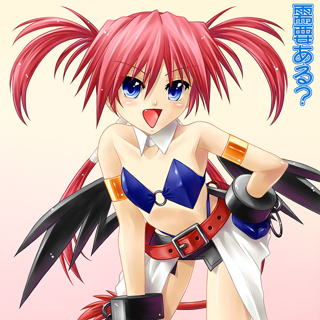 1girl agito agito_(nanoha) armlet ayato belt blue_eyes blush choker erect_nipples fang flat_chest hand_on_hip hips leaning_forward long_hair lyrical_nanoha mahou_shoujo_lyrical_nanoha mahou_shoujo_lyrical_nanoha_strikers midriff quad_tails redhead solo translation_request wings