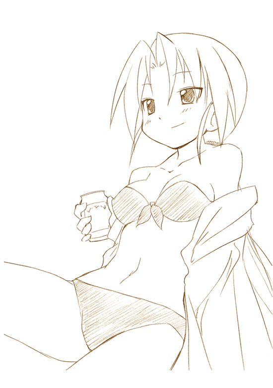 1girl alcohol bandeau beer bikini can front-tie_top kuroi_nanako lucky_star monochrome off_shoulder open_clothes open_shirt sawatari_jinshi shirt short_hair sitting sketch smile solo strapless swimsuit tubetop