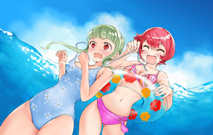 2girls assisted_exposure beach bikini blush garex green_hair innertube multiple_girls original red_eyes redhead swimsuit underwater undressing untied