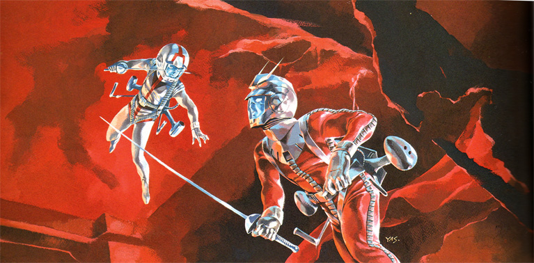 2boys 70s 80s amuro_ray char_aznable duel epic gundam jetpack male_focus mobile_suit_gundam multiple_boys official_art oldschool painting spacesuit sword traditional_media weapon yasuhiko_yoshikazu