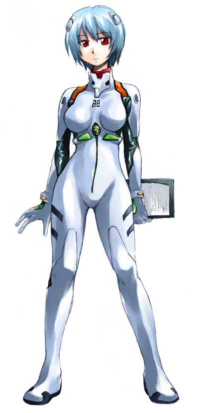 1girl ayanami_rei bangs blue_hair bodysuit bracer breasts clipboard collarbone d=code expressionless full_body gloves hair_ornament holding impossible_clothes legs_apart looking_at_viewer neon_genesis_evangelion number paper pilot_suit plugsuit red_eyes short_hair simple_background solo standing turtleneck white_background