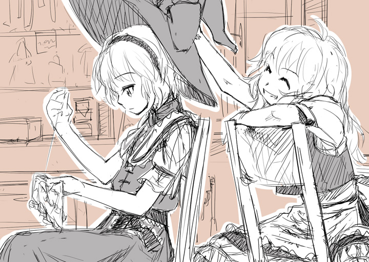 2girls 3 alice_margatroid chair embroidery female grin hat kirisame_marisa monochrome multiple_girls number pink_background sketch smile sun-3 teasing touhou witch witch_hat