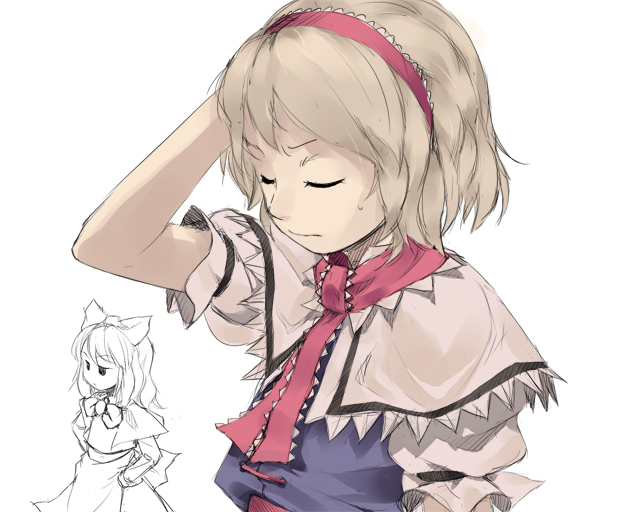1girl 3 alice_margatroid arm_up blonde_hair capelet female frilled_sleeves frills hairband hand_in_hair number puffy_short_sleeves puffy_sleeves shanghai_doll short_hair short_sleeves simple_background sketch solo sun-3 touhou upper_body white_background