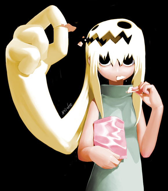 1girl blonde_hair chips food foreshortening hands living_hair mouth_hold potato_chips prehensile_hair solo x6suke