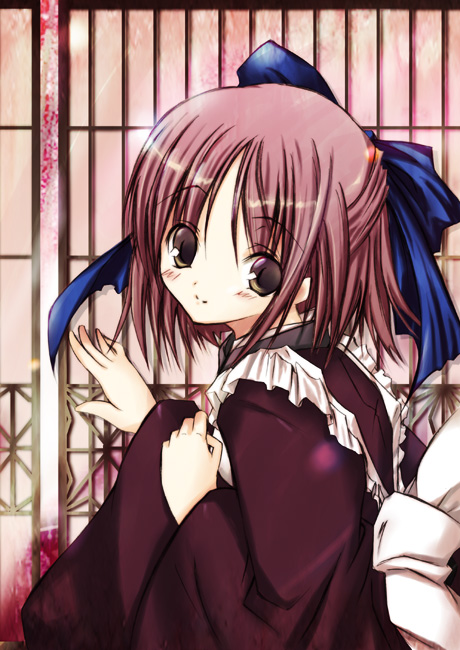 00s 1girl cutlass cutlass_(classic_chocolate) dress eyebrows eyebrows_visible_through_hair frills from_side green_eyes head_tilt kohaku long_sleeves looking_at_viewer looking_to_the_side pink_hair red_dress short_hair smile solo tsukihime