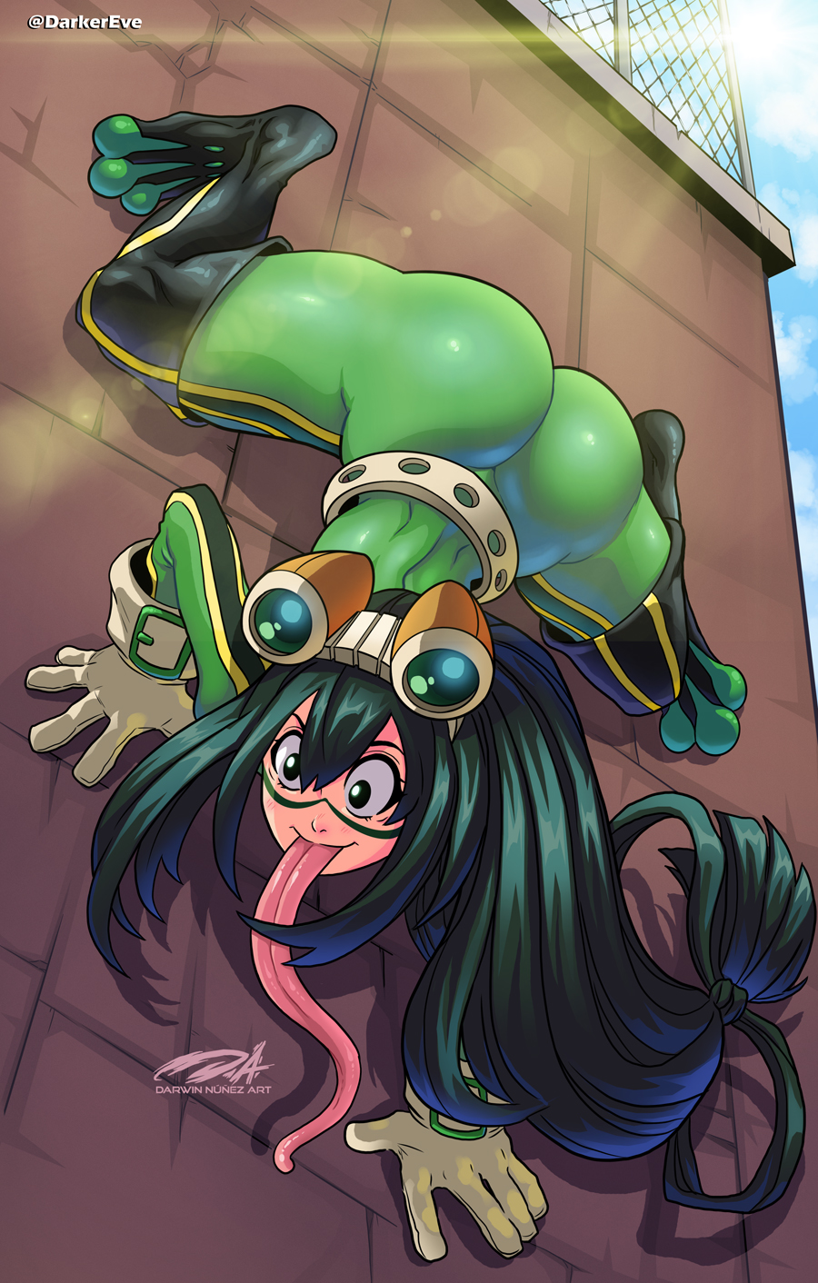 1girl ass asui_tsuyu belt black_eyes black_footwear black_hair bodysuit boku_no_hero_academia boots bow_by_hair commentary darwin_nunez day english_commentary frog_girl gloves goggles goggles_on_head green_bodysuit hair_rings highres lens_flare long_hair long_tongue loose_belt low-tied_long_hair on_wall outdoors signature skin_tight solo thick_thighs thigh-highs thigh_boots thighs tongue upside-down very_long_tongue white_gloves