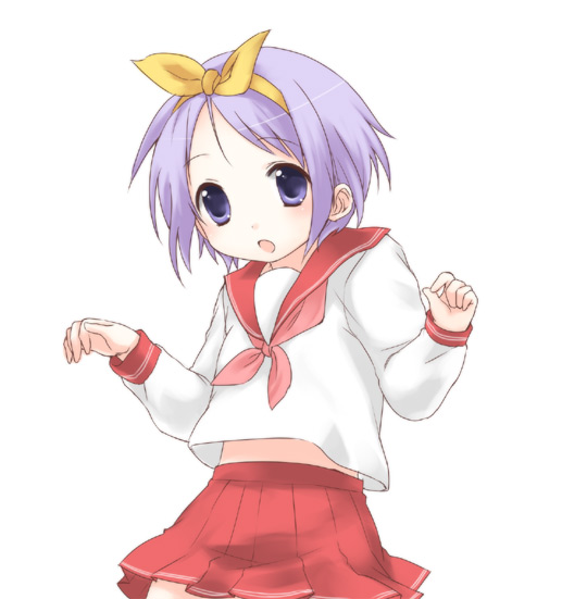 1girl bow hiiragi_tsukasa looking_at_viewer lucky_star open_mouth purple_eyes purple_hair red_bow red_skirt school_uniform serafuku simple_background skirt solo usashiro_mani white_background yellow_bow